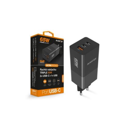 Aligator CHPD0027 - Adaptador de carga rápida GaN con Power Delivery (PD) de 65 W, 2x USB-C + USB-A, negro