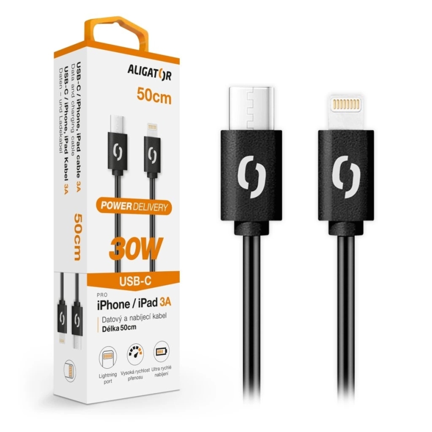 Aligator DATKP56 - cable USB USB-C / Lightning 30W Power Delivery 0,5m negro