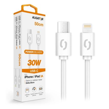 Aligator DATKP57 - cable USB USB-C a Lightning, 30 W Power Delivery (PD), 0,5 m, blanco