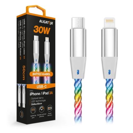 Aligator DATKP65 - Cable USB USB-C / Lightning con retroiluminación LED y carga Power Delivery de 30 W, 0,5 m