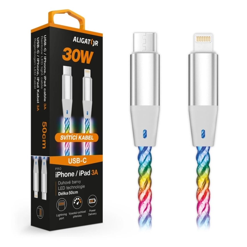 Aligator DATKP65 - Cable USB USB-C / Lightning con retroiluminación LED y carga Power Delivery de 30 W, 0,5 m