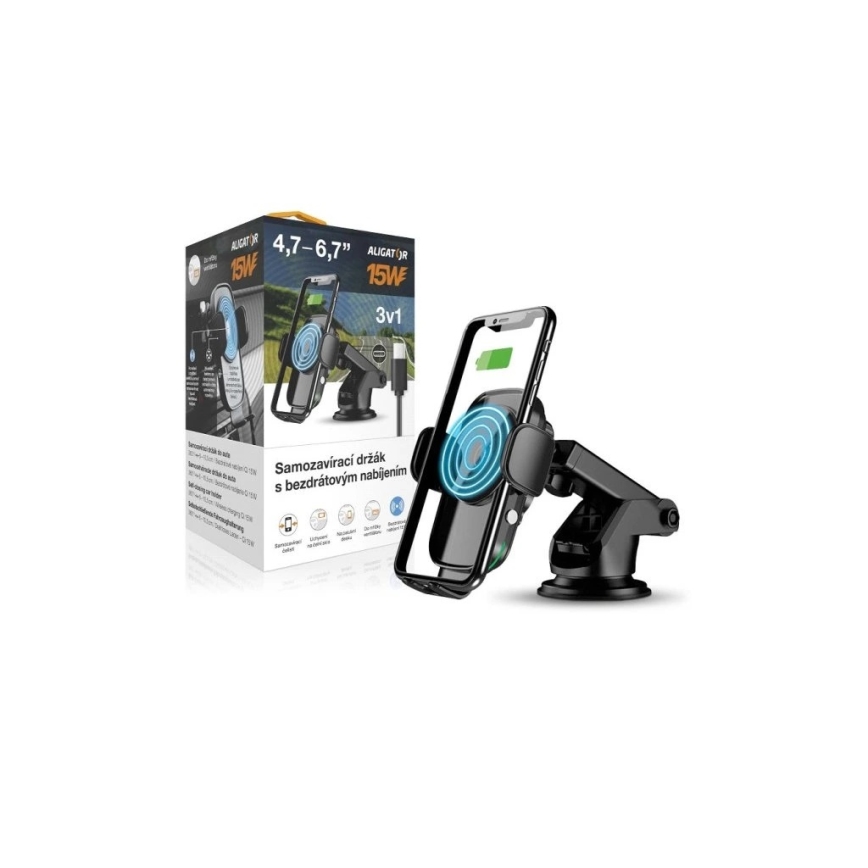 Aligator HAK2 - Soporte para teléfono de coche con cierre automático y carga inalámbrica Qi de 15 W, negro