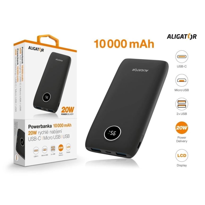 Aligator PBPD10BK - Batería externa con pantalla LCD y Power Delivery 10000 mAh/20W/3,7V, negro