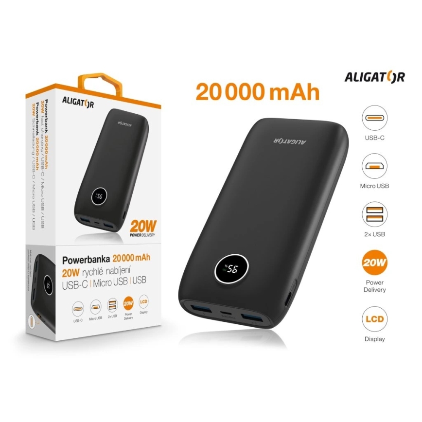 Aligator PBPD20BK - Power Bank con pantalla LCD Power Delivery 20000 mAh/20W/3,7V negro