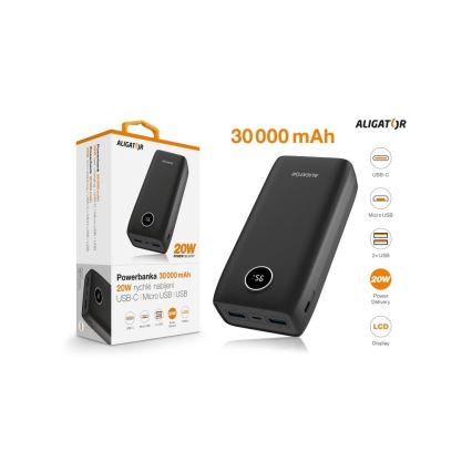 Aligator PBPD30BK - Power Bank con pantalla LCD Power Delivery 30000 mAh/20W/3,7V negra