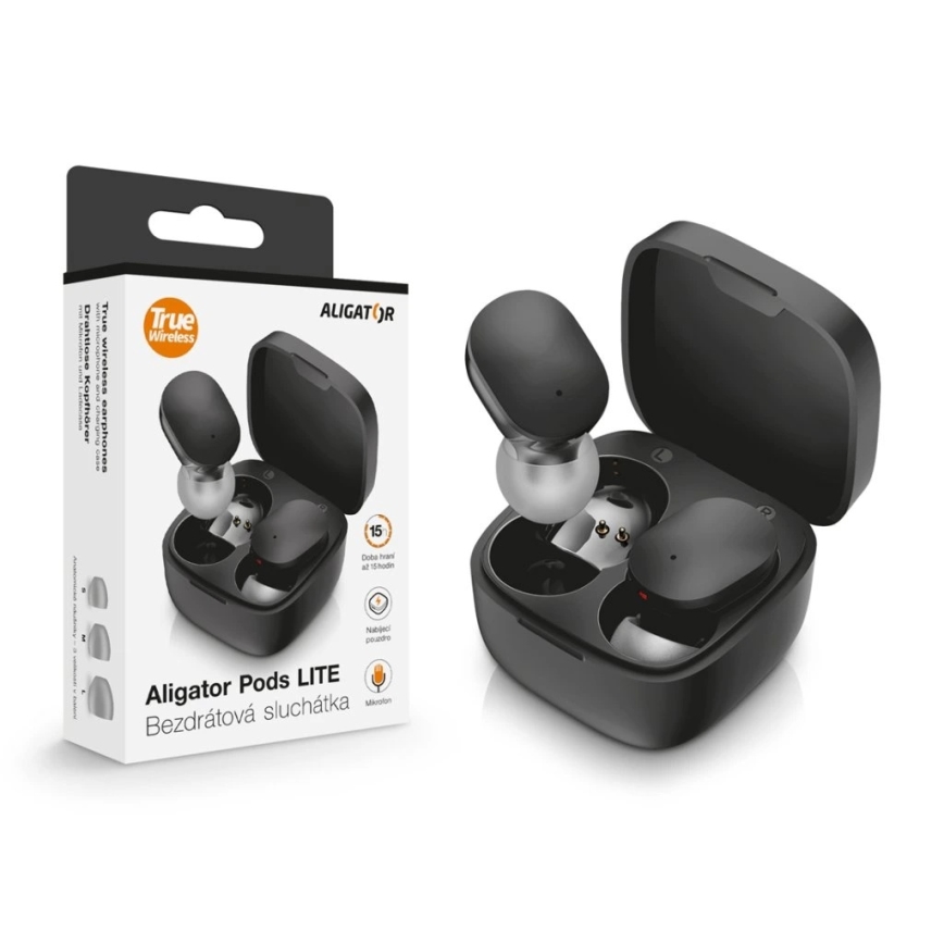 Aligator TWS05 - Auriculares inalámbricos Pods LITE 200 mAh + 2x 30 mAh negros