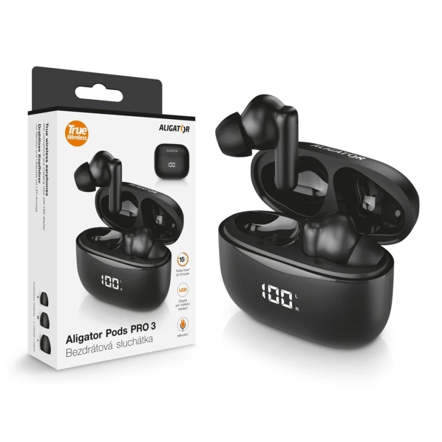 Aligator TWS06 - Auriculares inalámbricos Pods PRO 3 200 mAh + 2x 30 mAh IP30 negros