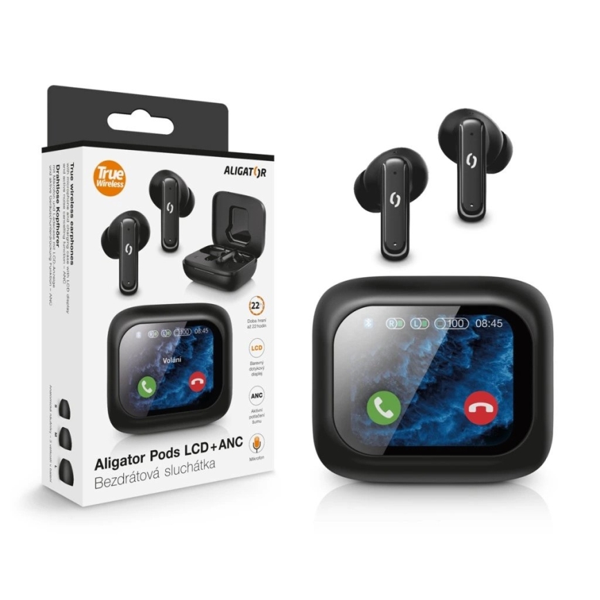 Aligator TWS07 - Auriculares inalámbricos tipo Pods con pantalla LCD y ANC (cancelación activa de ruido), 400 mAh + 2x 40 mAh, negro