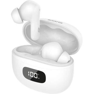 Aligator TWS08WT - Auriculares inalámbricos con cancelación activa de ruido (ANC), 200 mAh + 2 x 30 mAh, IP40, blancos