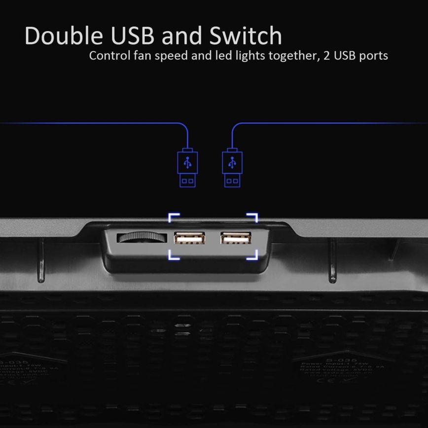 Almohadilla de refrigeración para portátil 5x ventilador 2xUSB negro