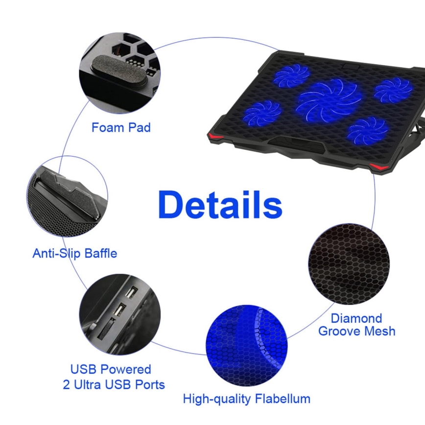 Almohadilla de refrigeración para portátil 5x ventilador 2xUSB negro