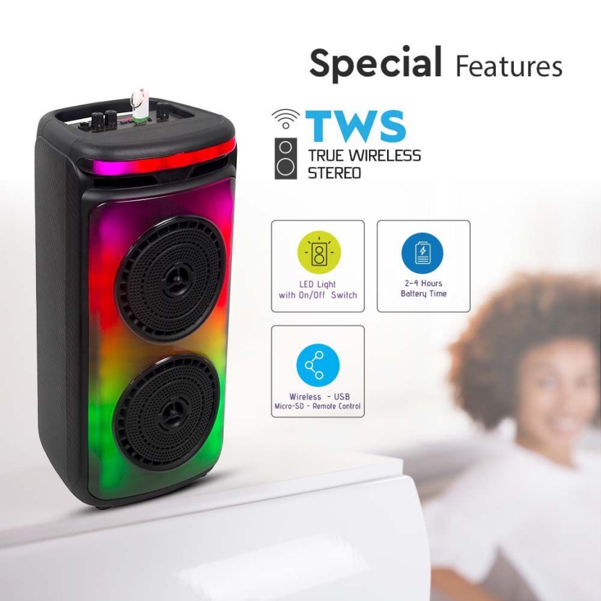 Altavoz LED RGB recargable con un micrófono 400W/2400 mAh + control remoto