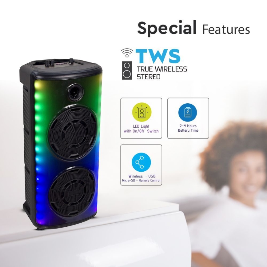 Altavoz LED RGB recargable con un micrófono 600W/2400 mAh + control remoto