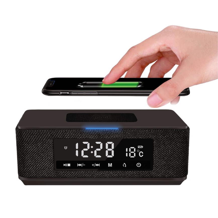 Altavoz recargable con pantalla LCD, despertador y cargador inalámbrico de 3600 mAh