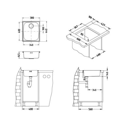 ALVEUS 1082195 - Fregadero de cocina BASIC 44x38 cm acero inoxidable/satinado, desagüe grande