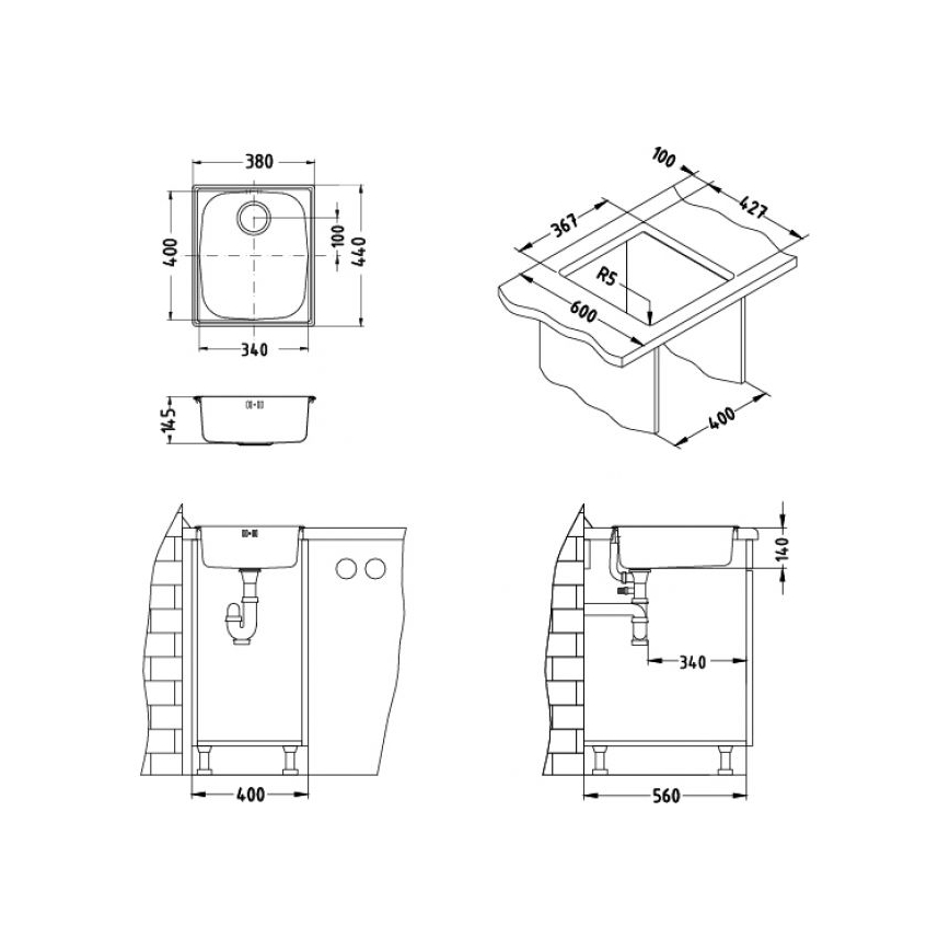 ALVEUS 1082195 - Fregadero de cocina BASIC 44x38 cm acero mate/satin, salida grande