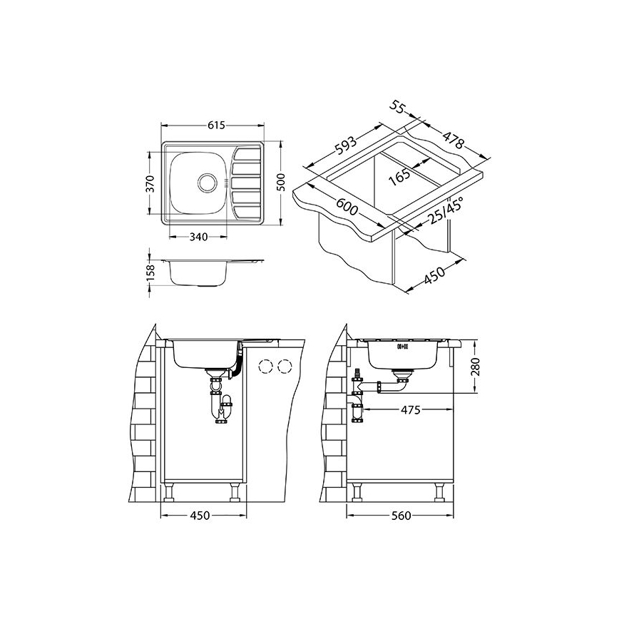 ALVEUS 1098940 - Fregadero de cocina ZOOM 61,5x50 cm satin, para montaje superior