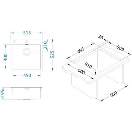 ALVEUS 1103609 - Fregadero de cocina PURE 52,5x51,5 cm satén