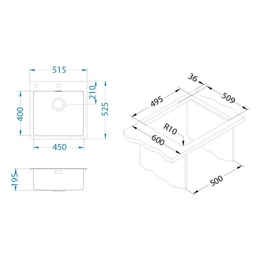 ALVEUS 1103609 - Fregadero de cocina PURE 52,5x51,5 cm satén