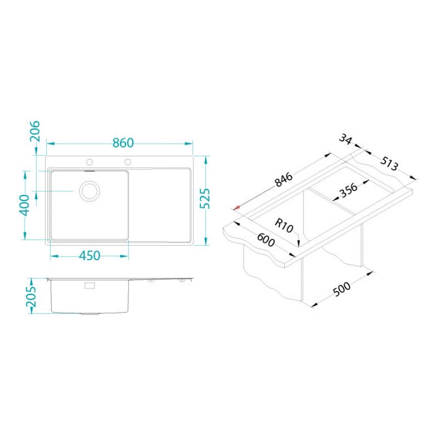 ALVEUS 1103653 - Fregadero de cocina PURE 86x52,5 cm satin, derecho
