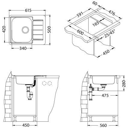 ALVEUS 1125356 - Fregadero de cocina LINE 61,5x50 cm acero mate/satén