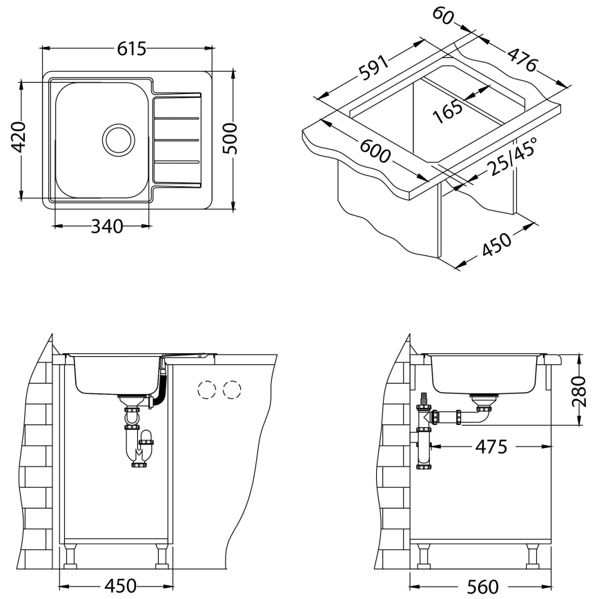 ALVEUS 1125356 - Fregadero de cocina LINE 61,5x50 cm acero mate/satén