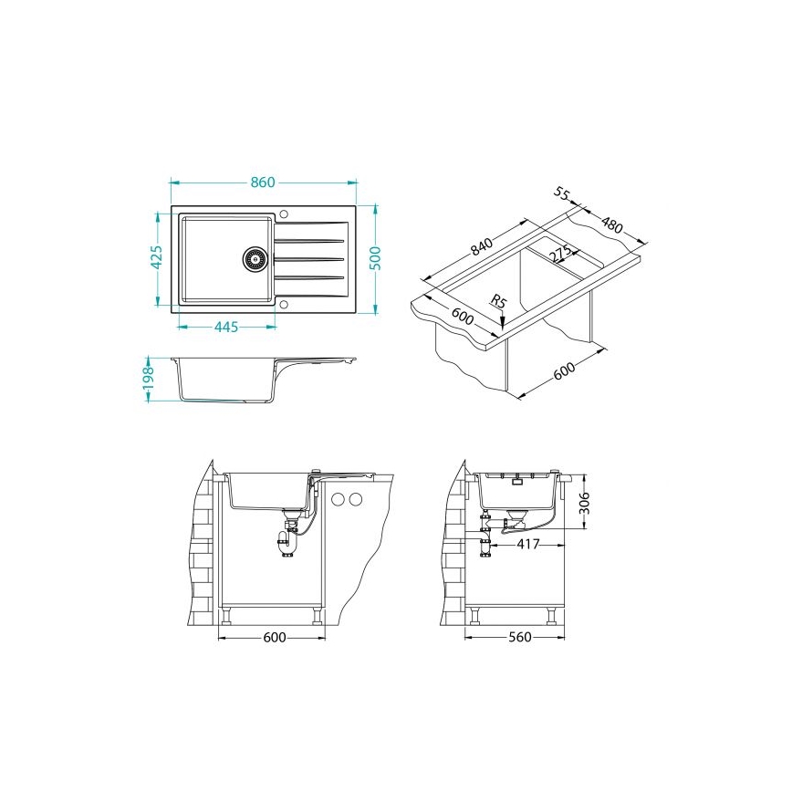 ALVEUS 1132027 - Fregadero de cocina CADIT 86x50 cm granito/blanco