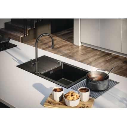 ALVEUS 1132179 - Grifo de fregadero con rociador extraíble NERINA 46,8 cm acero inoxidable/negro