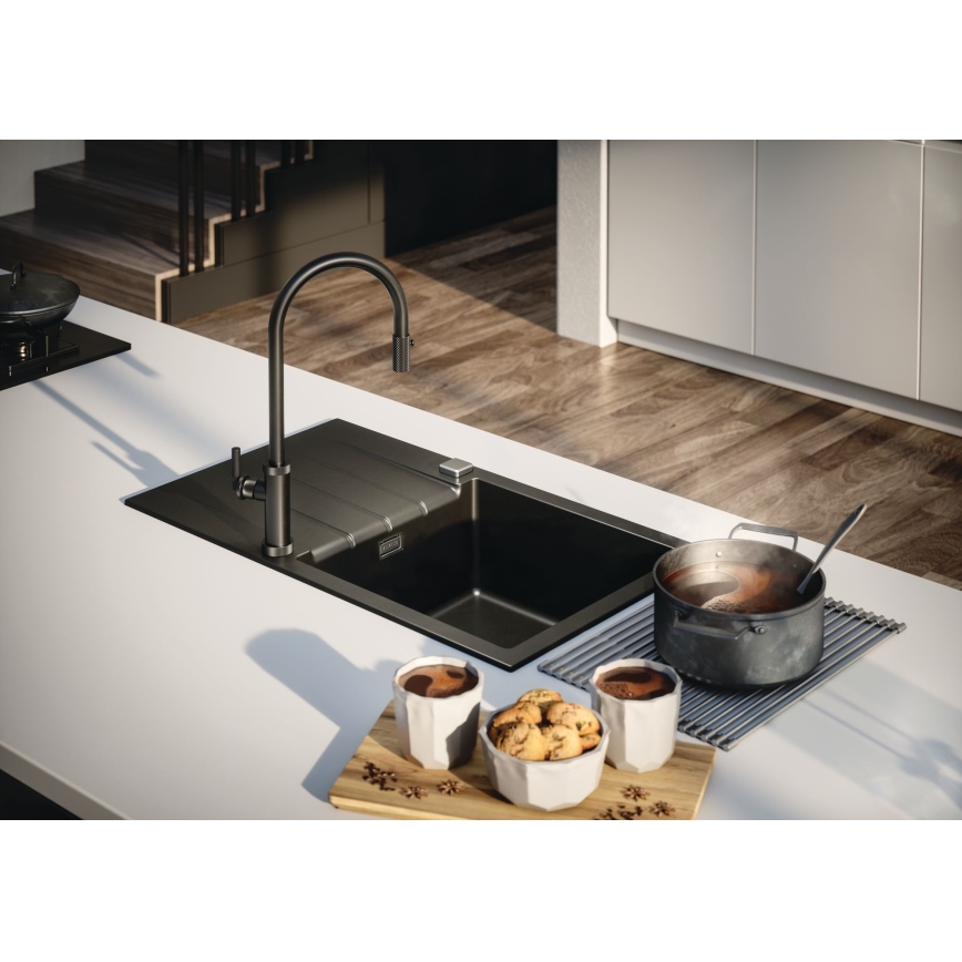 ALVEUS 1132179 - Grifo de fregadero con rociador extraíble NERINA 46,8 cm acero inoxidable/negro