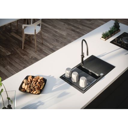 ALVEUS 1132179 - Grifo de fregadero con rociador extraíble NERINA 46,8 cm acero inoxidable/negro