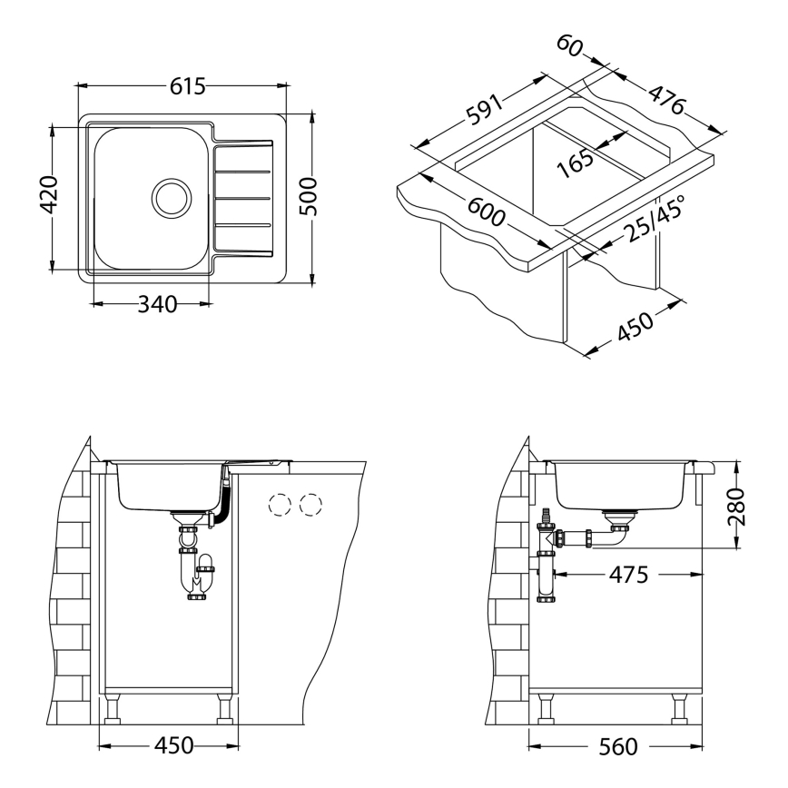 ALVEUS 1144603 - Fregadero de cocina LINE 61,5 x 50 cm, acero inoxidable satinado, sin excéntrico