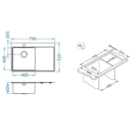 ALVEUS 1149516 - Fregadero de cocina PURE 79x52,5 cm satinado, con seno a la derecha + sifón con cierre rápido