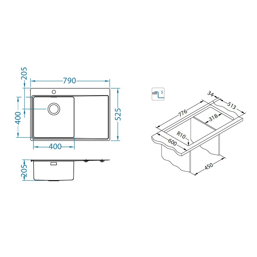 ALVEUS 1149516 - Fregadero de cocina PURE 79x52,5 cm satinado, con seno a la derecha + sifón con cierre rápido