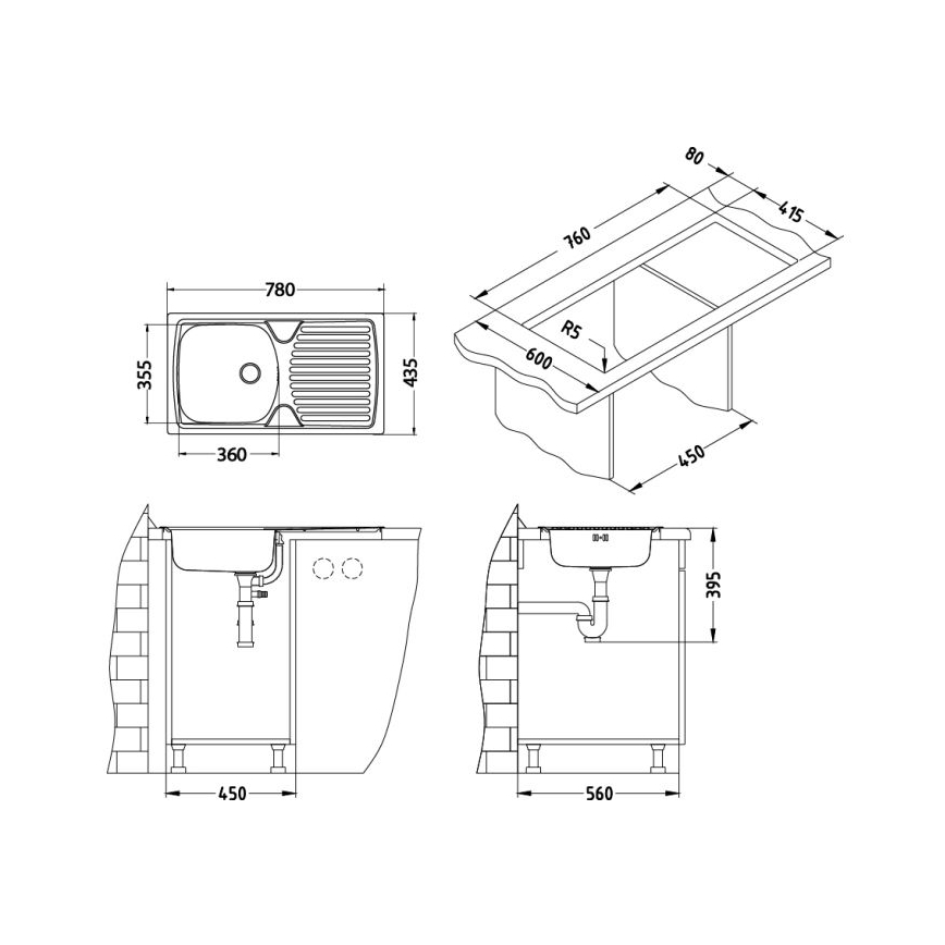 ALVEUS - Fregadero de cocina BASIC 78x43,5 cm, acero inoxidable mate/satinado + grifo para fregadero VIOLA 36,7 cm, acero inoxidable cepillado