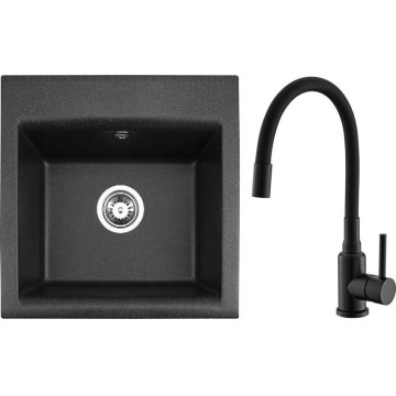 ALVEUS SETA23193 - Fregadero de cocina ATROX 50x50 cm + grifo MINTAS 34 cm con brazo flexible granito/mate negro