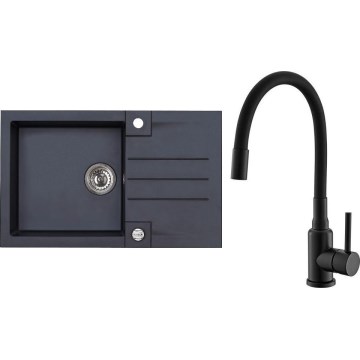 ALVEUS SETA23201 - Fregadero de cocina ROCK 78x48 cm + grifo con brazo flexible MINTAS 34 cm granito/mate negro