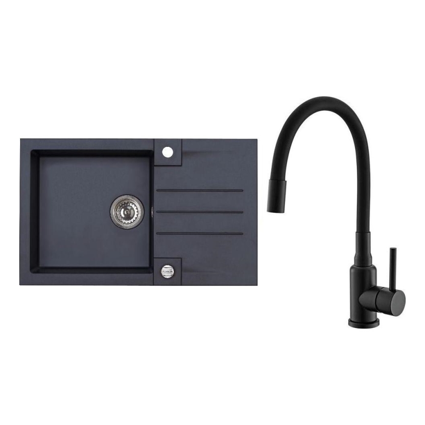 ALVEUS SETA23201 - Fregadero de cocina ROCK 78x48 cm + grifo con brazo flexible MINTAS 34 cm granito/mate negro