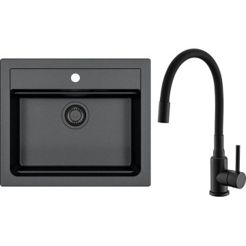 ALVEUS SETA23228 - Fregadero de cocina ATROX 59x50 cm + grifo de cocina con brazo flexible MINTAS 34 cm granito/mate negro