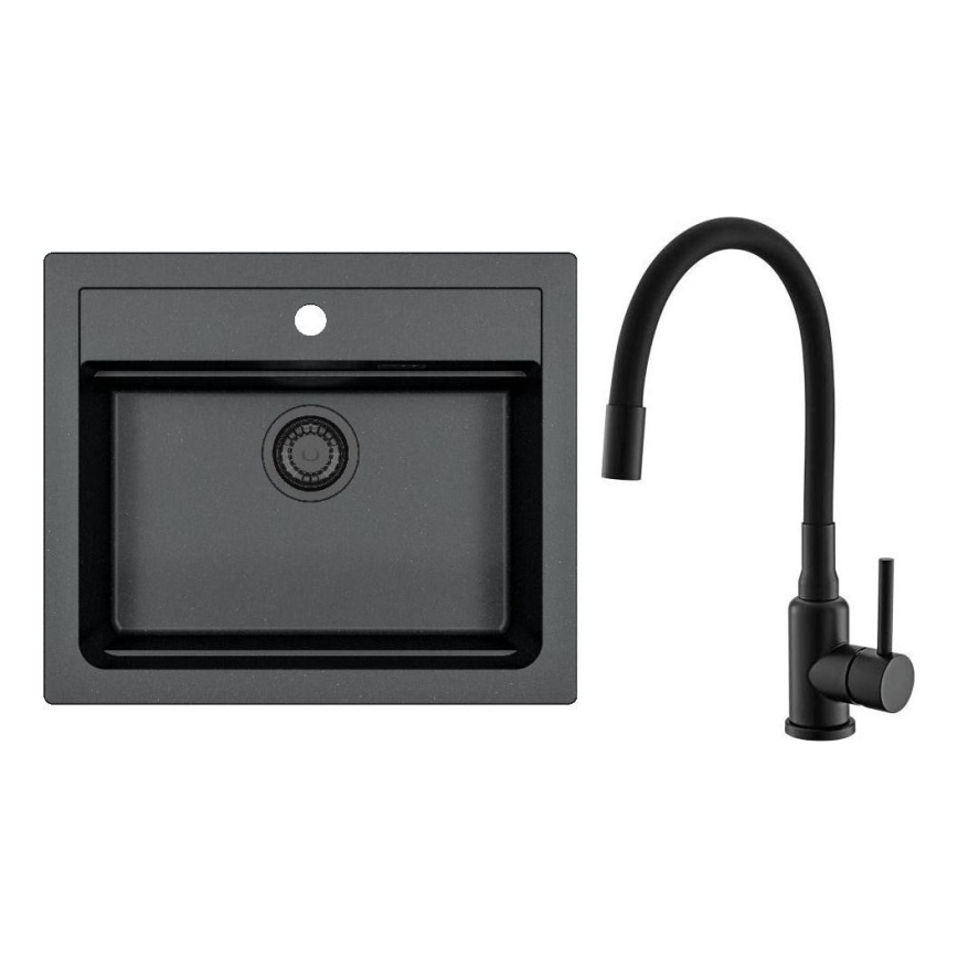 ALVEUS SETA23228 - Fregadero de cocina ATROX 59x50 cm + grifo de cocina con brazo flexible MINTAS 34 cm granito/mate negro