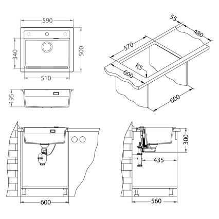 ALVEUS SETA23228 - Fregadero de cocina ATROX 59 x 50 cm + grifo para fregadero con caño flexible MINTAS 34 cm granito/negro mate