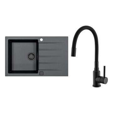 ALVEUS SETA23231 - Fregadero de cocina CADIT 79x50 cm + grifería con caño flexible MINTAS 34 cm granito/mate negro