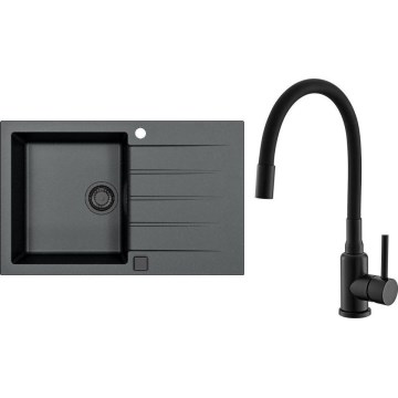 ALVEUS SETA23231 - Fregadero de cocina CADIT 79x50 cm + grifo con brazo flexible MINTAS 34 cm granito/mate negro