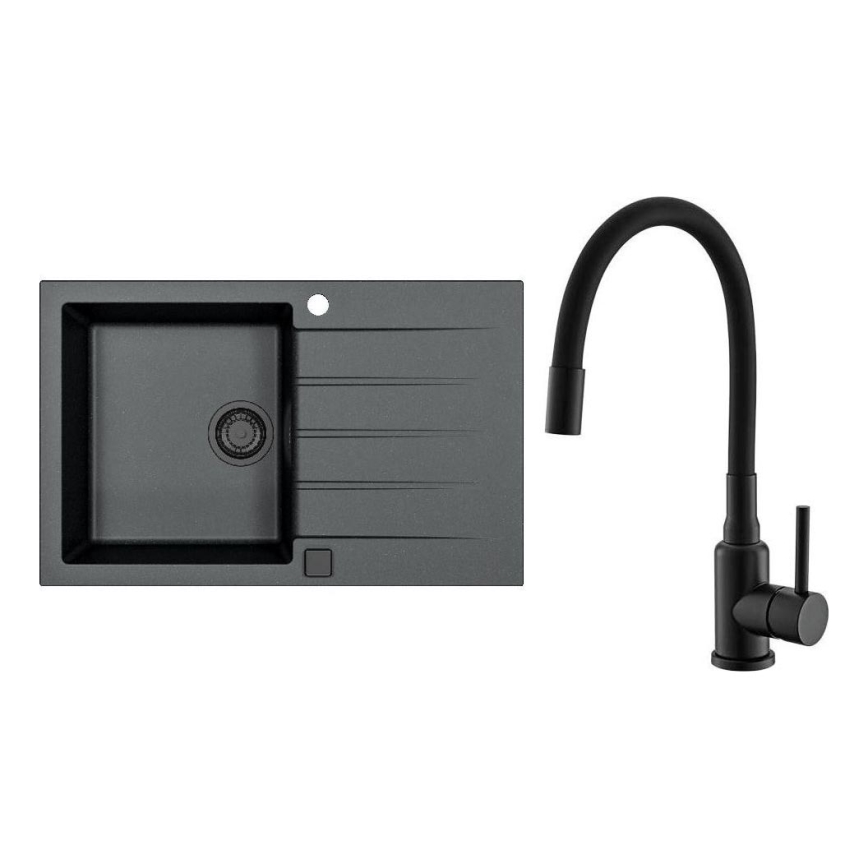 ALVEUS SETA23231 - Fregadero de cocina CADIT 79x50 cm + grifo con brazo flexible MINTAS 34 cm granito/mate negro