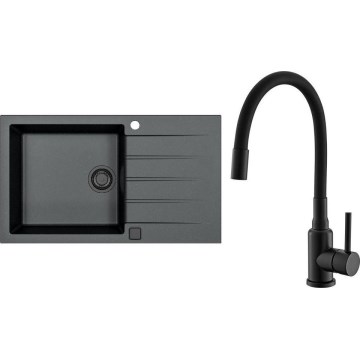 ALVEUS SETA23232 - Fregadero de cocina CADIT 86x50 cm + grifo con brazo flexible MINTAS 34 cm granito/mate negro