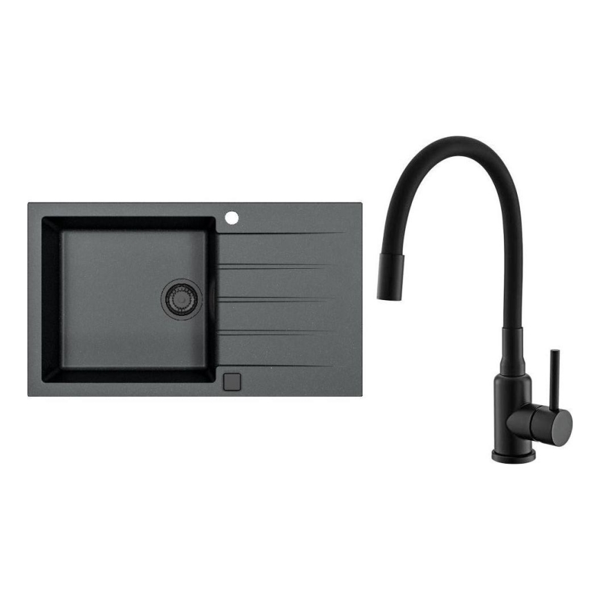 ALVEUS SETA23232 - Fregadero de cocina CADIT 86x50 cm + grifo con brazo flexible MINTAS 34 cm granito/mate negro