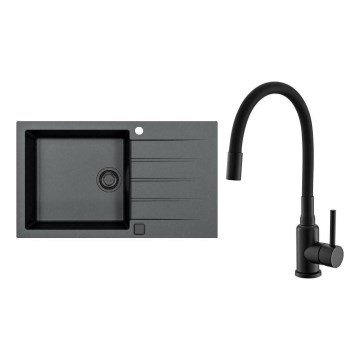 ALVEUS SETA23232 - Fregadero de cocina CADIT 86x50 cm + grifo con caño flexible MINTAS 34 cm granito/mate negro