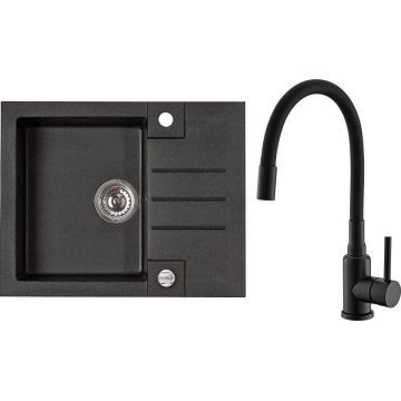 ALVEUS SETA23236 - Fregadero de cocina ROCK 59,5x47,5 cm + grifo flexible MINTAS 34 cm granito/mate negro