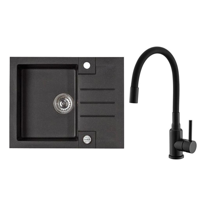 ALVEUS SETA23236 - Fregadero de cocina ROCK 59,5x47,5 cm + grifo flexible MINTAS 34 cm granito/mate negro