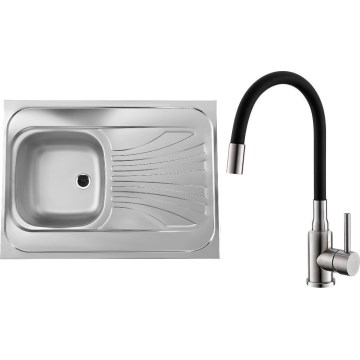 ALVEUS SETA24019 - Fregadero de cocina CLASSIC 80x60 cm + grifo con brazo flexible MINTAS 34 cm acero cepillado/negro