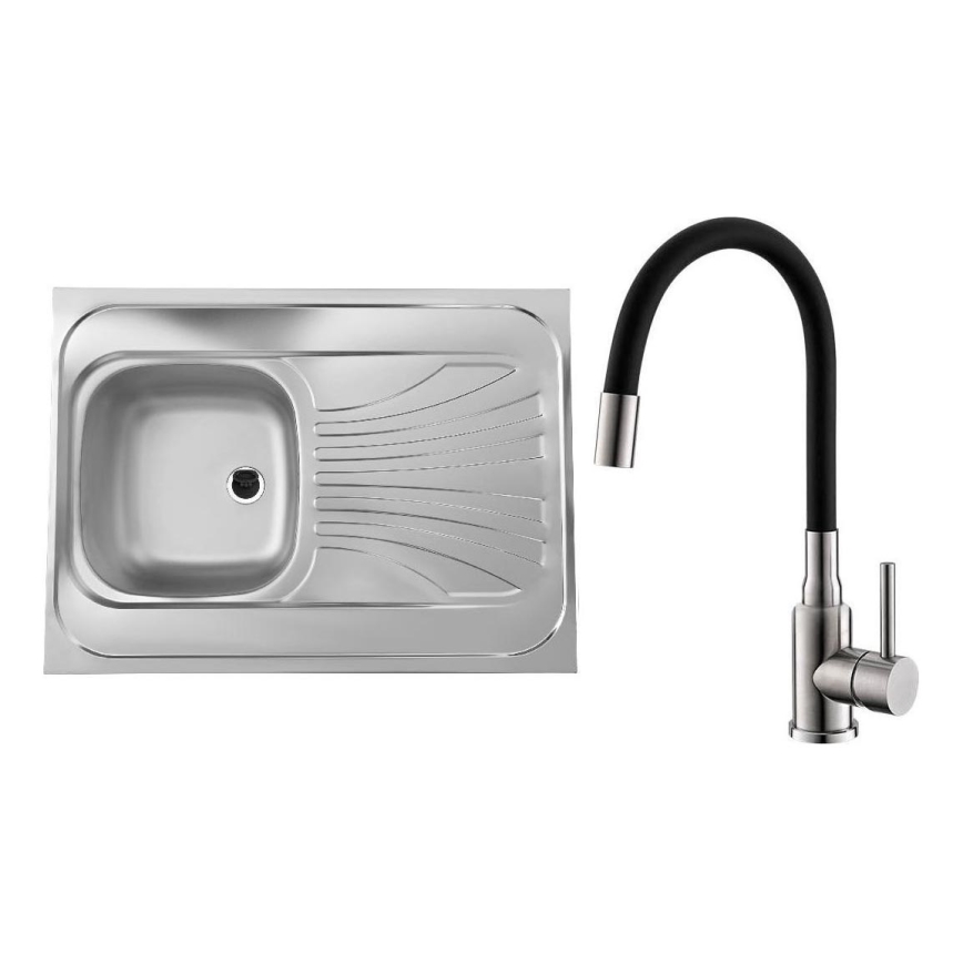 ALVEUS SETA24019 - Fregadero de cocina CLASSIC 80x60 cm + grifo con brazo flexible MINTAS 34 cm acero cepillado/negro
